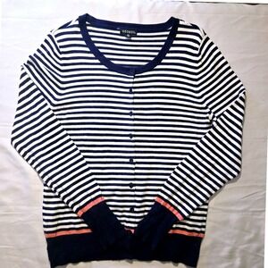George Womens‎ Navy Blue White Striped Button Front Cardigan Sweater M 8-10